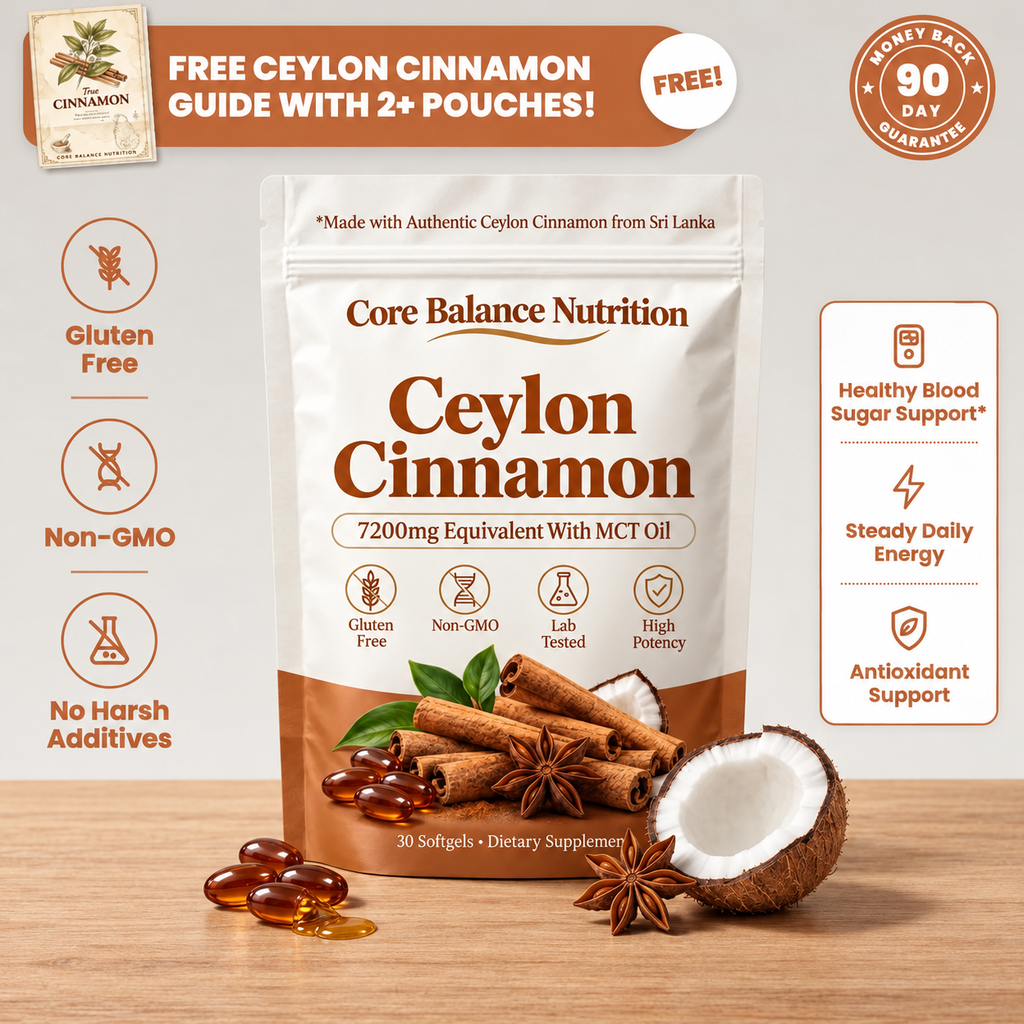 Core Balance Nutrition Ceylon Cinnamon pouch on a wooden countertop with softgels, star anise and coconut, a free Ceylon cinnamon guide offer, a 90-day money-back badge and benefit callouts