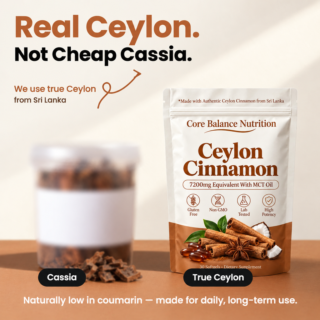 Core Balance Nutrition Ceylon Cinnamon pouch next to a blurred jar of Cassia cinnamon with the text "Real Ceylon. Not Cheap Cassia."