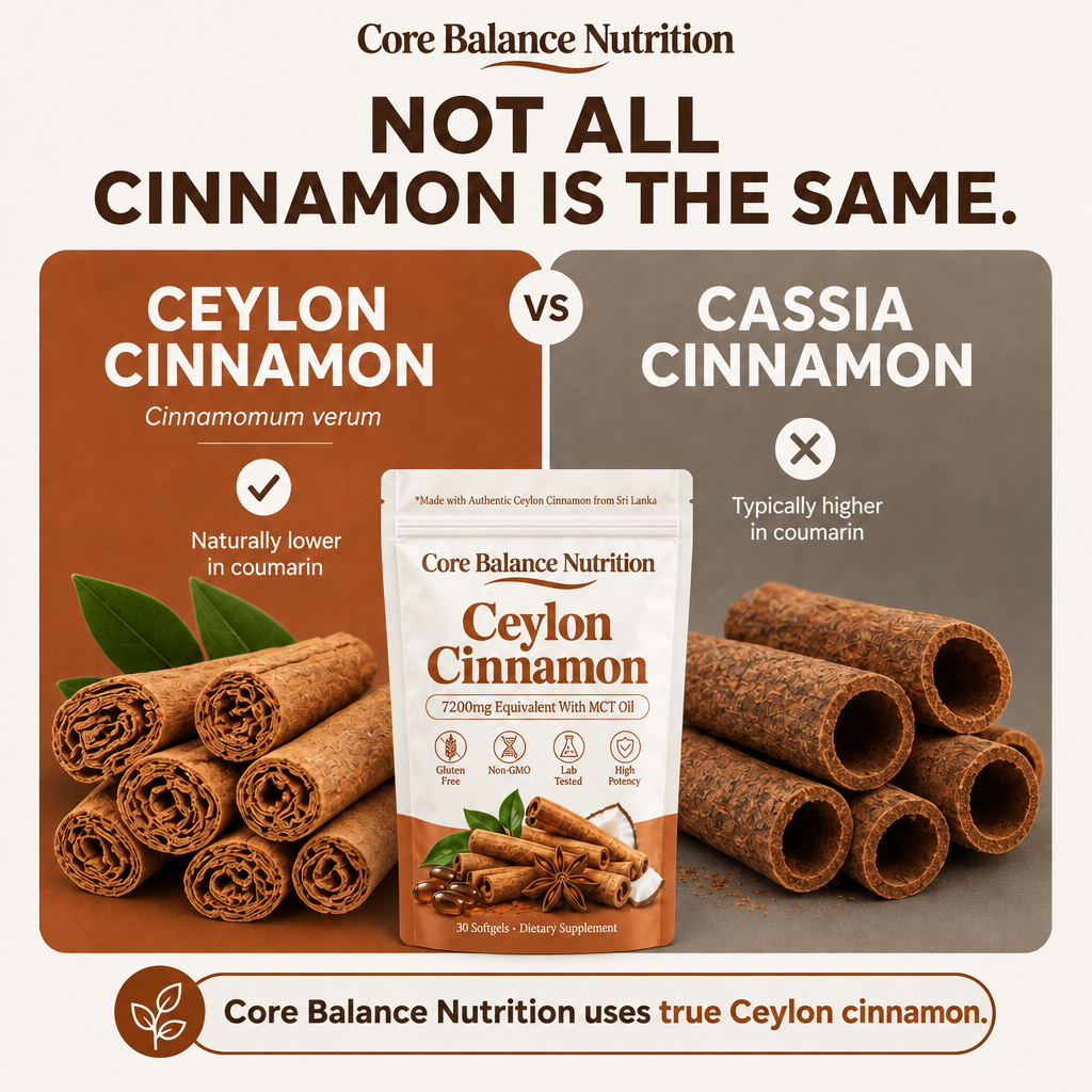 "Not All Cinnamon Is the Same" comparison of Ceylon and Cassia cinnamon sticks with a Core Balance Nutrition Ceylon Cinnamon pouch in the center