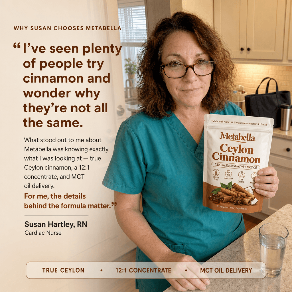 Woman in teal scrubs holding a Ceylon Cinnamon pouch next to a nurse endorsement quote