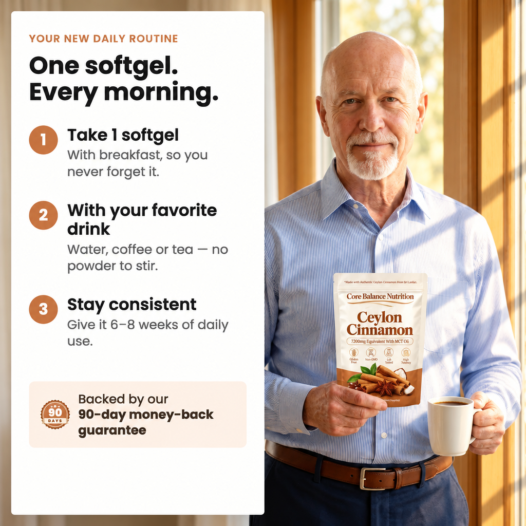 "One softgel. Every morning." three-step routine with an older man in a blue shirt holding a Core Balance Nutrition Ceylon Cinnamon pouch by a window