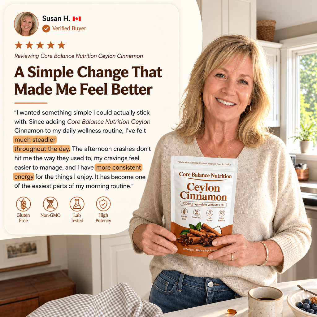 Customer testimonial card with five stars and a smiling woman holding a Core Balance Nutrition Ceylon Cinnamon pouch in her kitchen