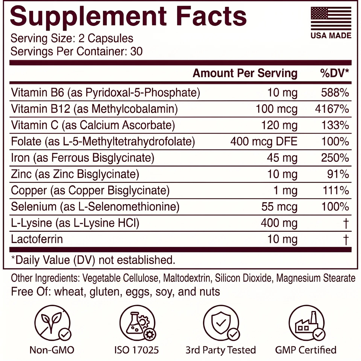 Kerava Supplement Facts panel for a 2-capsule serving, with Non-GMO, ISO 17025, 3rd Party Tested and GMP Certified badges