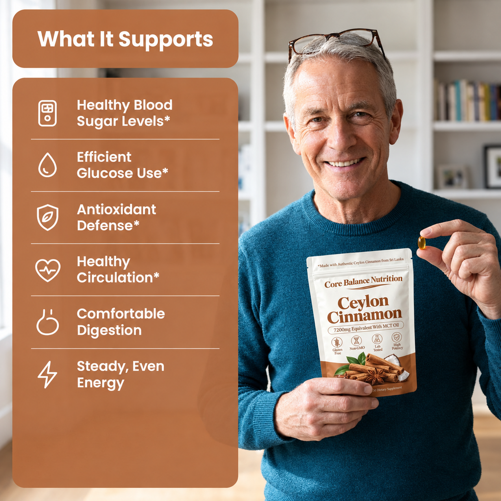 Older man holding a Core Balance Nutrition Ceylon Cinnamon pouch next to a "What It Supports" benefit list