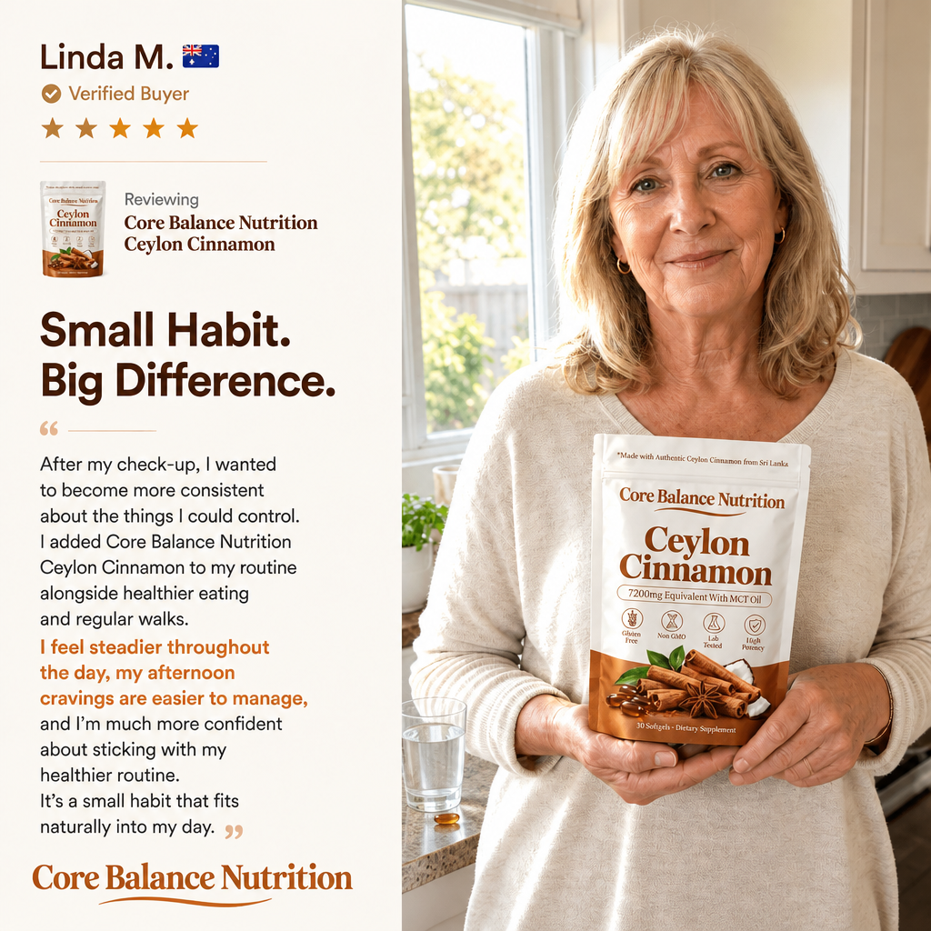Customer testimonial card with five stars and a woman holding a Core Balance Nutrition Ceylon Cinnamon pouch in her kitchen