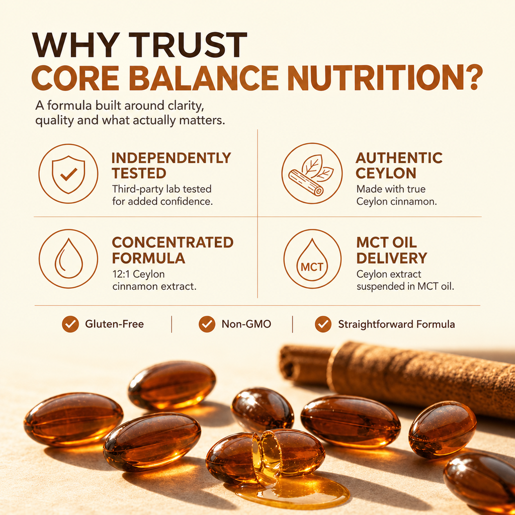 "Why Trust Core Balance Nutrition?" feature grid: independently tested, authentic Ceylon, concentrated formula, MCT oil delivery, above a spread of softgels