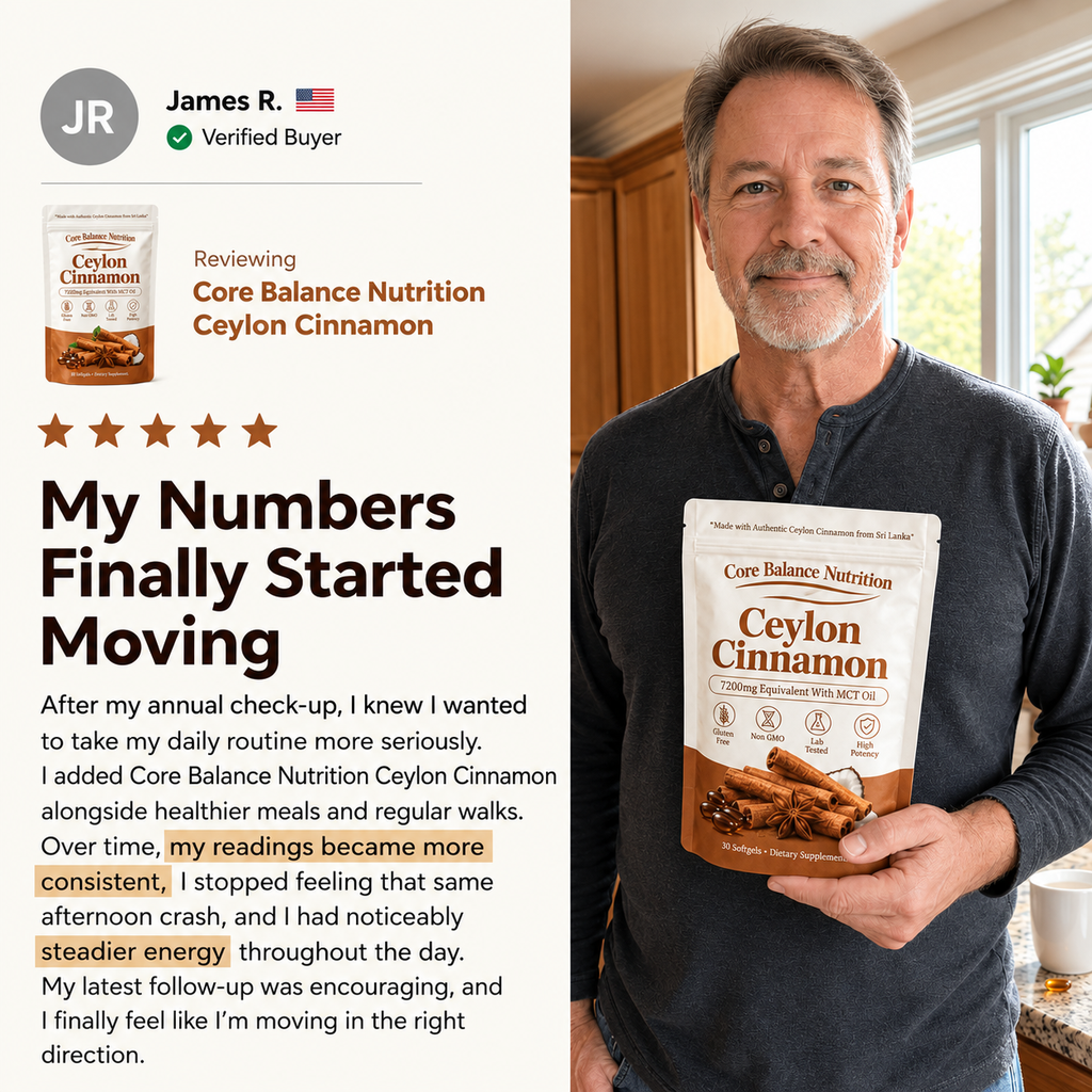 Customer testimonial card with five stars and a man holding a Core Balance Nutrition Ceylon Cinnamon pouch in his kitchen
