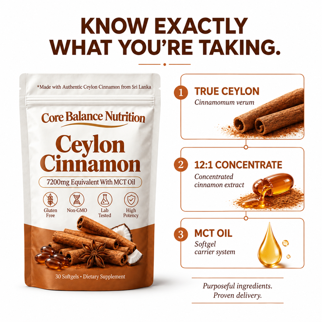"Know Exactly What You're Taking" breakdown of a Core Balance Nutrition Ceylon Cinnamon pouch: true Ceylon, 12:1 concentrate and MCT oil