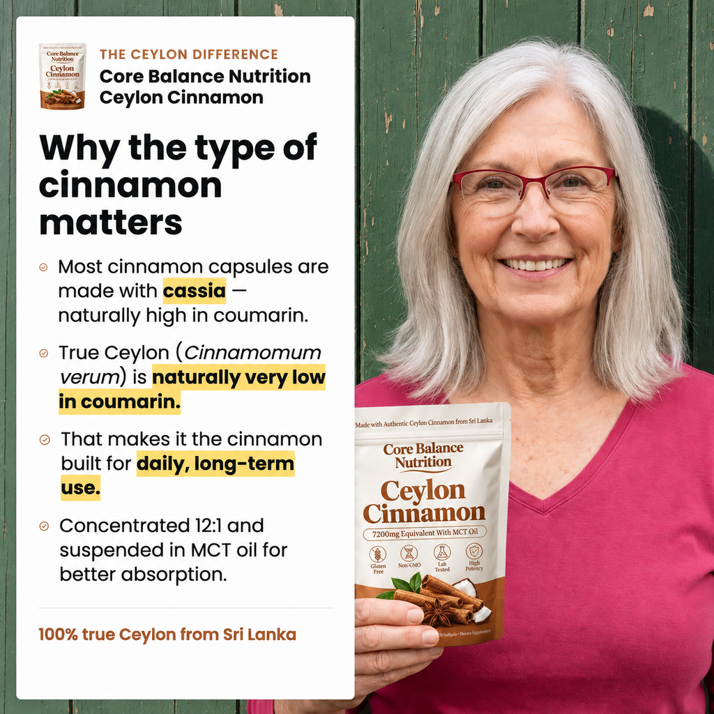 "Why the type of cinnamon matters" card with a smiling older woman holding a Core Balance Nutrition Ceylon Cinnamon pouch against a green wall