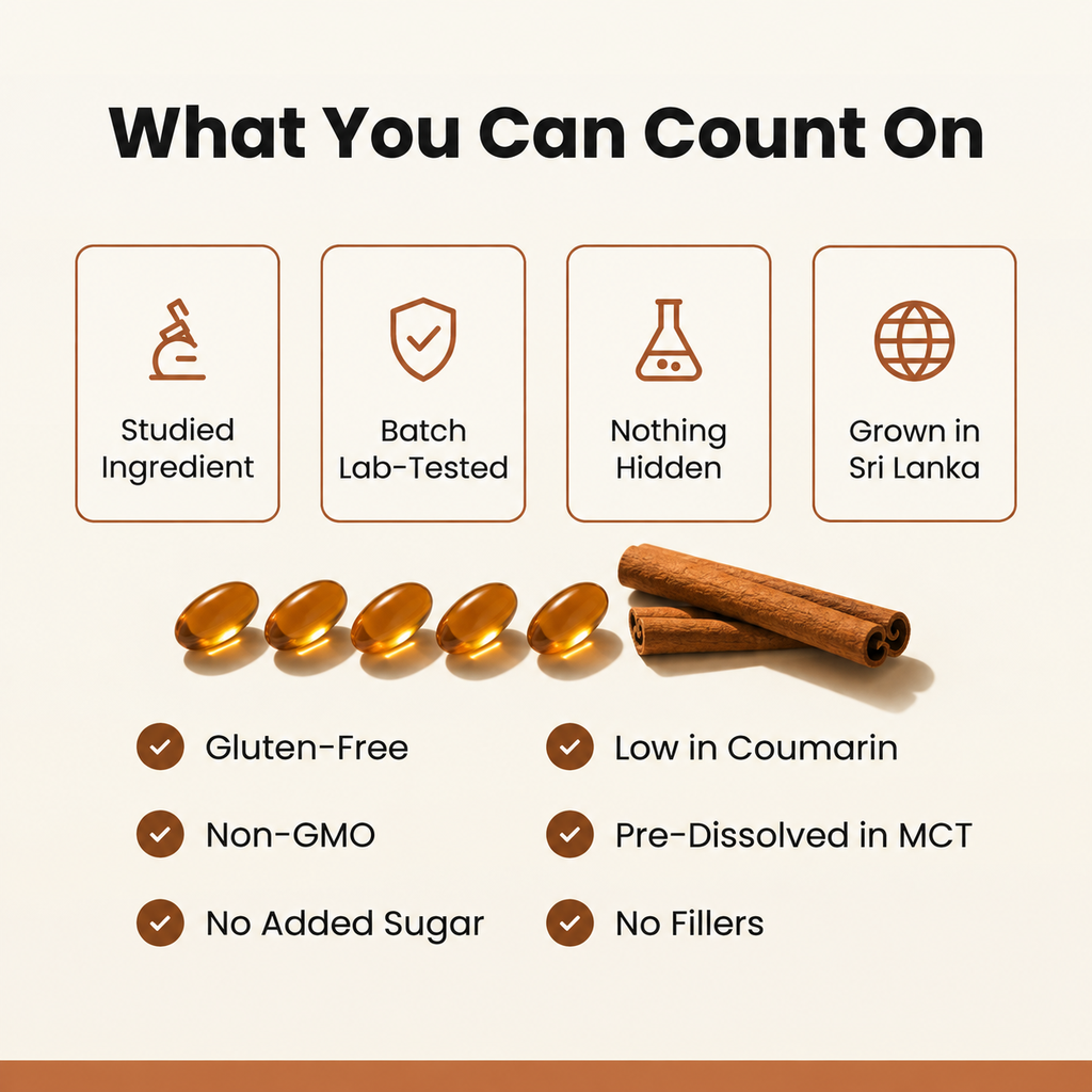 "What You Can Count On" icon cards and checklist: studied ingredient, batch lab-tested, nothing hidden, grown in Sri Lanka