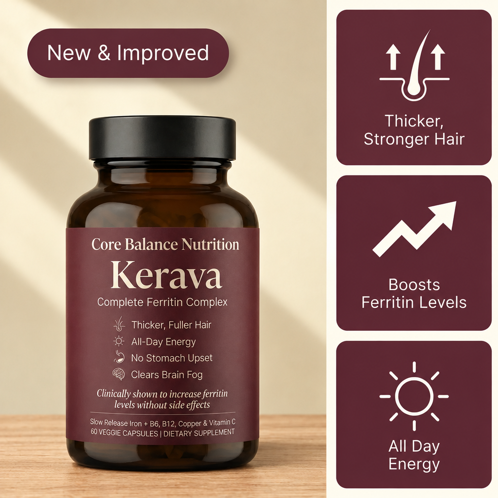 Core Balance Nutrition Kerava bottle of 60 veggie capsules with three panels: thicker, stronger hair; boosts ferritin levels; all day energy