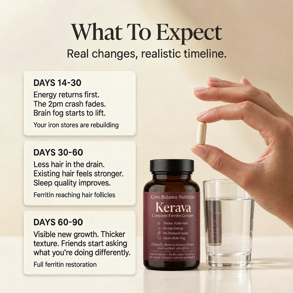 What To Expect timeline card for days 14 to 30, 30 to 60 and 60 to 90, with a Kerava bottle, a glass of water and a hand holding a capsule