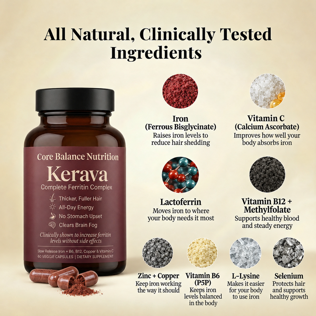 Kerava bottle surrounded by its ingredients: iron bisglycinate, vitamin C, lactoferrin, vitamin B12 and methylfolate, zinc and copper, vitamin B6, L-lysine and selenium
