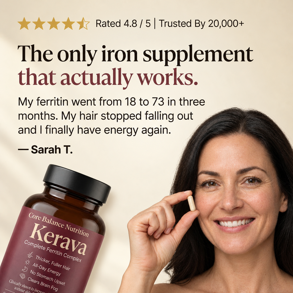 Woman holding a Kerava capsule next to a Kerava bottle, with a five-star rating line and a customer quote about ferritin